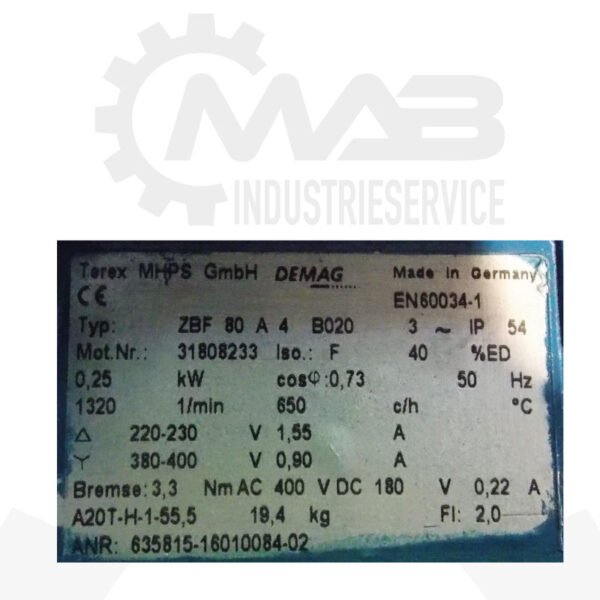 DEMAG Flachgetriebebremsmotor ZBF80A4 B020 mit DEMAG Getriebe AME20TD – Bild 8