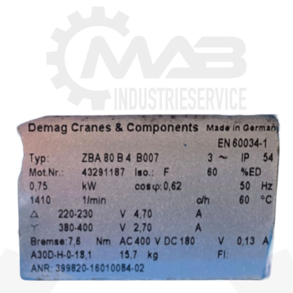 DEMAG Flachgetriebebremsmotor ZBA 80 B4 B007 mit DEMAG Getriebe AME30DD – Bild 6