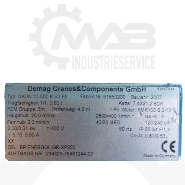 83447544 DEMAG Kettenzug/Grundzug Typ DKUN 10-500 K V3 F6 – Bild 5