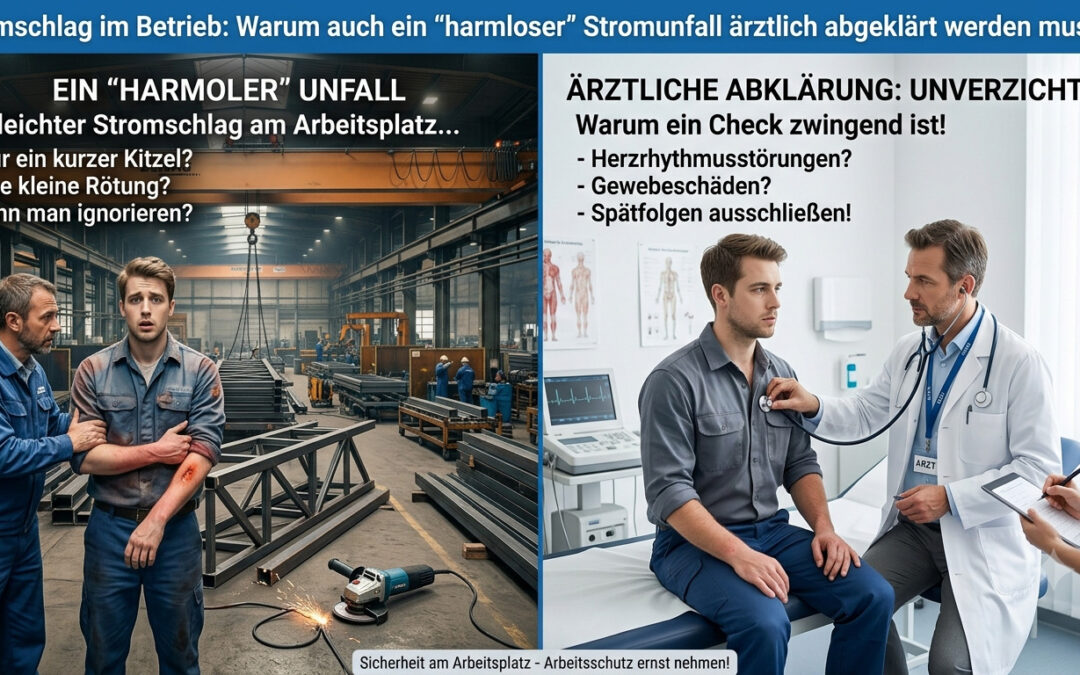 Stromschlag im Betrieb: Warum auch ein „harmloser“ Stromunfall ärztlich abgeklärt werden muss