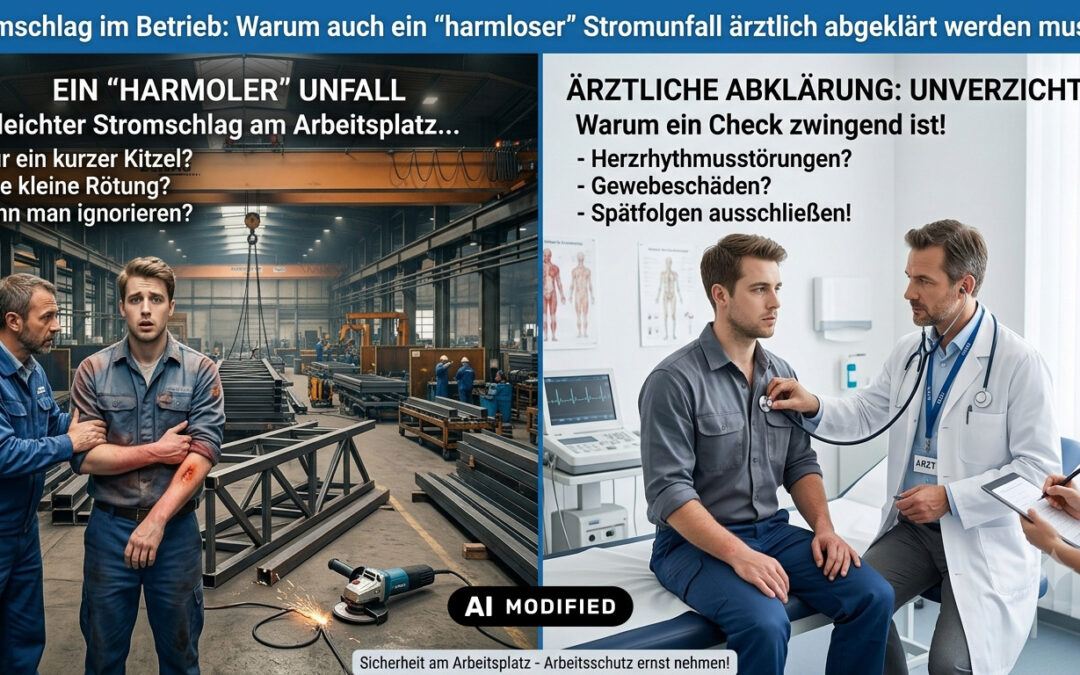 Stromschlag im Betrieb: Warum auch ein „harmloser“ Stromunfall ärztlich abgeklärt werden muss